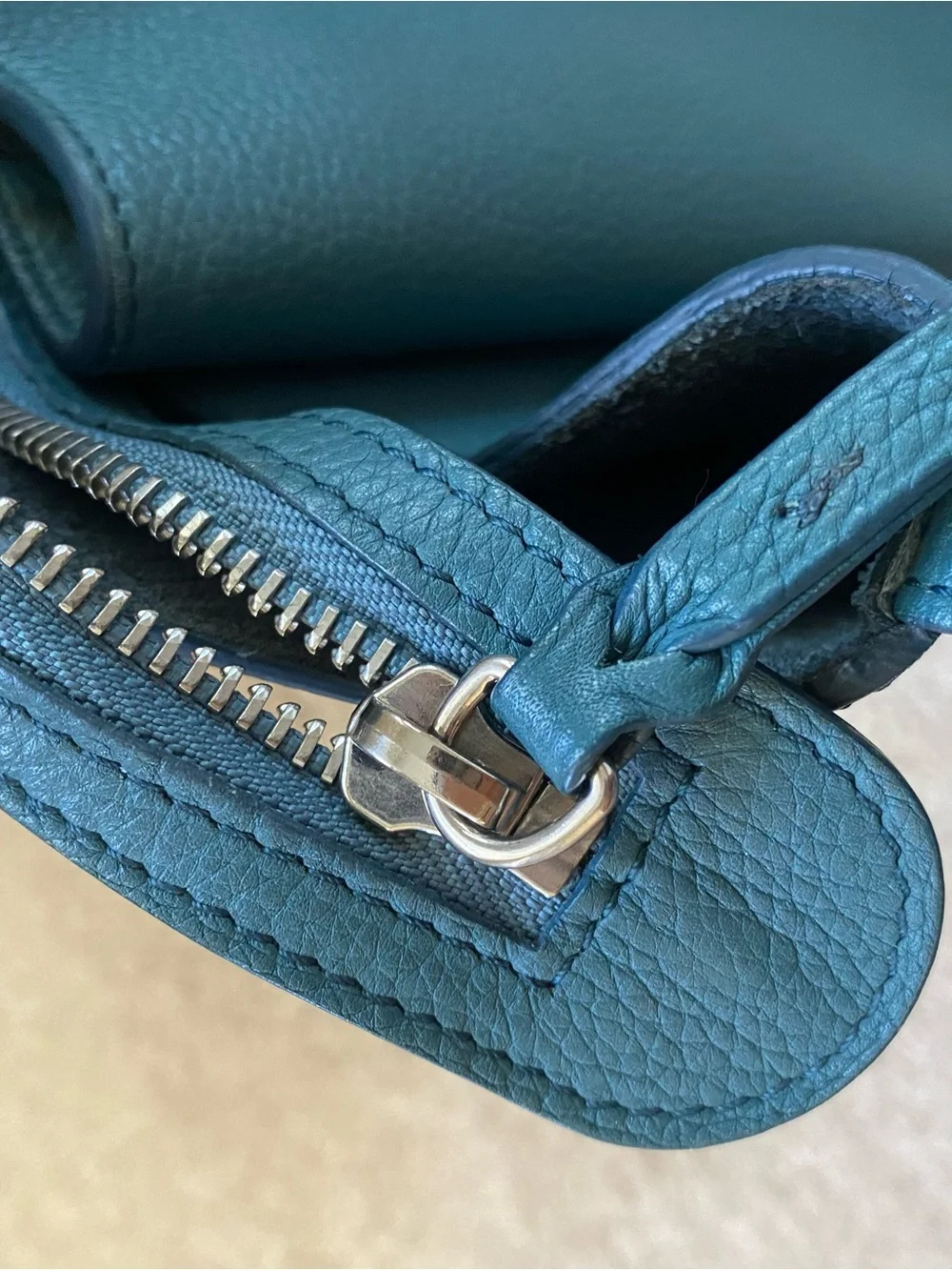 Celine Teal Blue Pebbled Leather Medium Trifold Tote